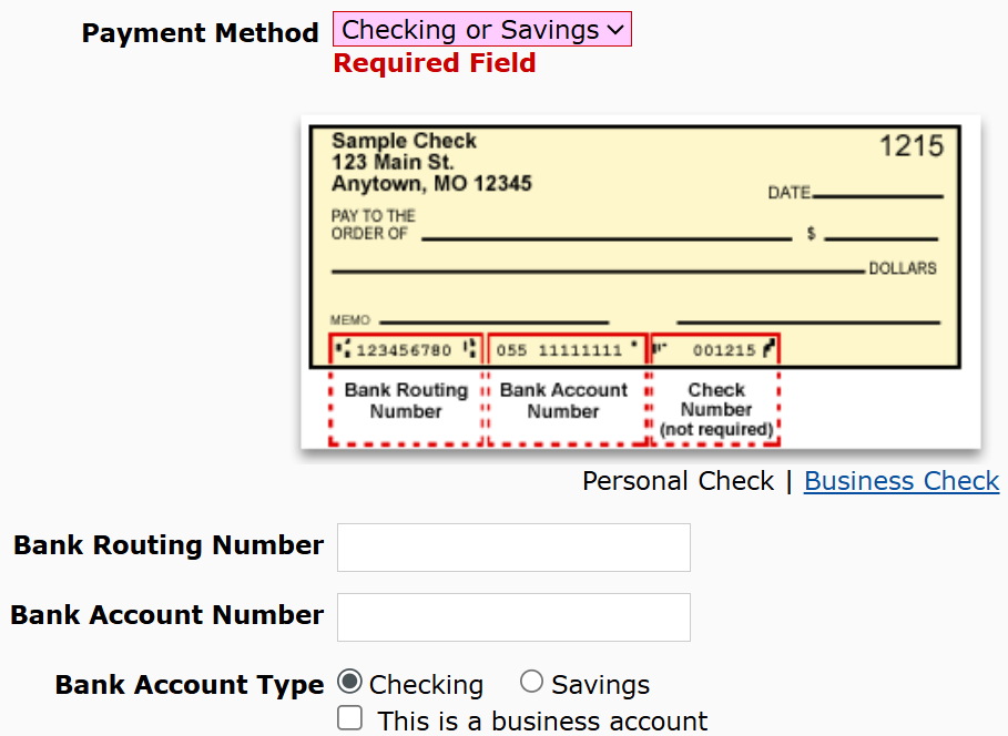 Image shows portion of check where bank information appears